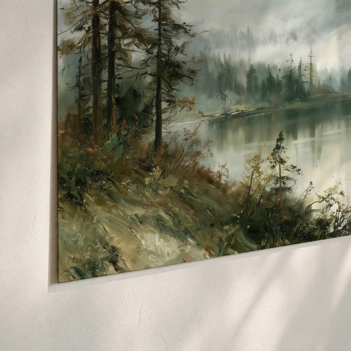 Misty alpine lake painting poster print close-up on matte paper