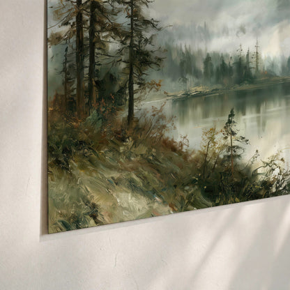 Misty alpine lake painting poster print close-up on matte paper