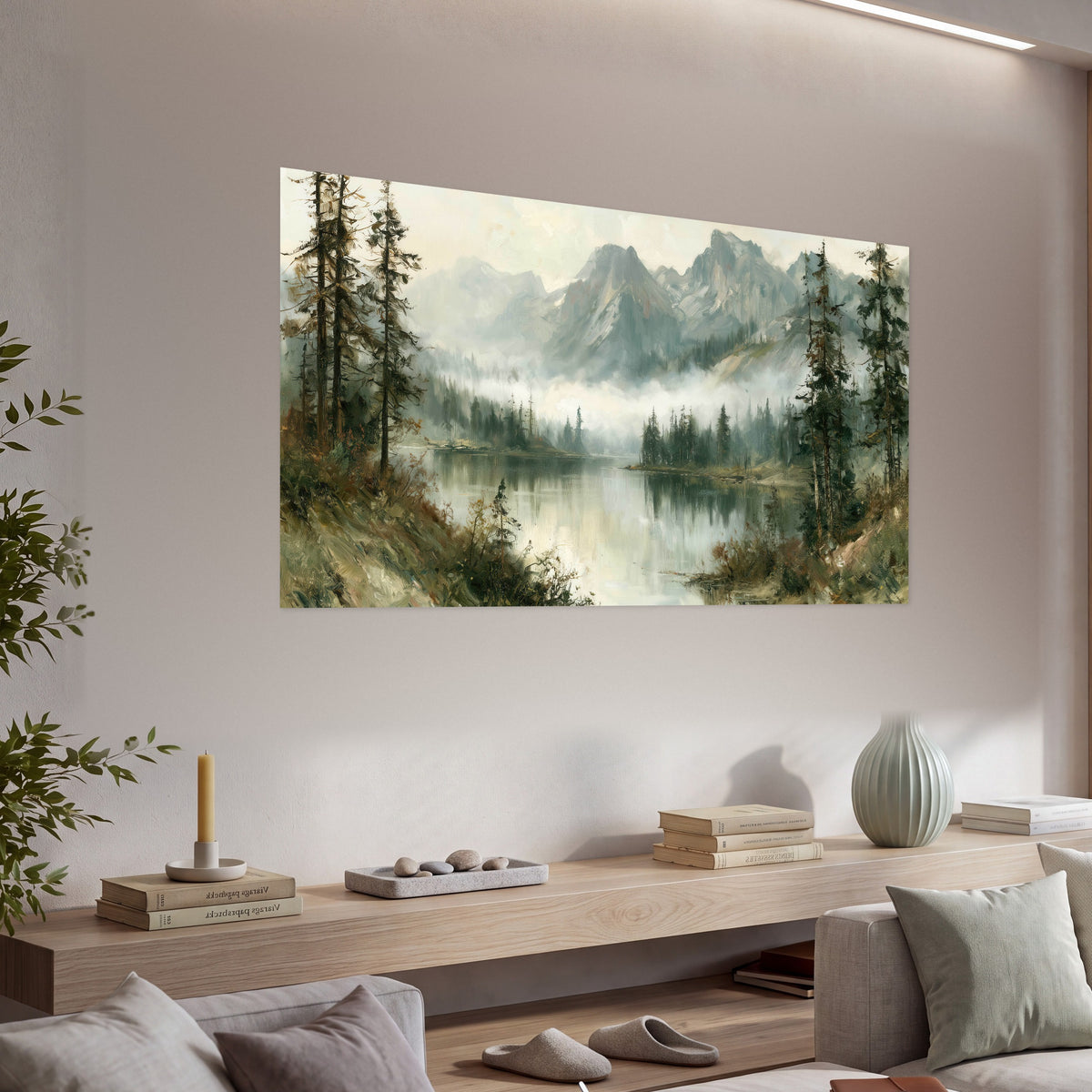 Misty alpine lake painting poster print in a living room above a console