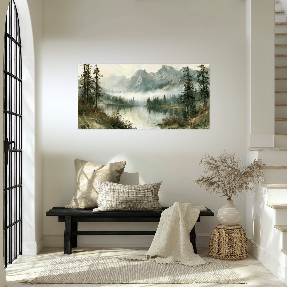 Misty alpine lake painting poster print in an entryway above a bench