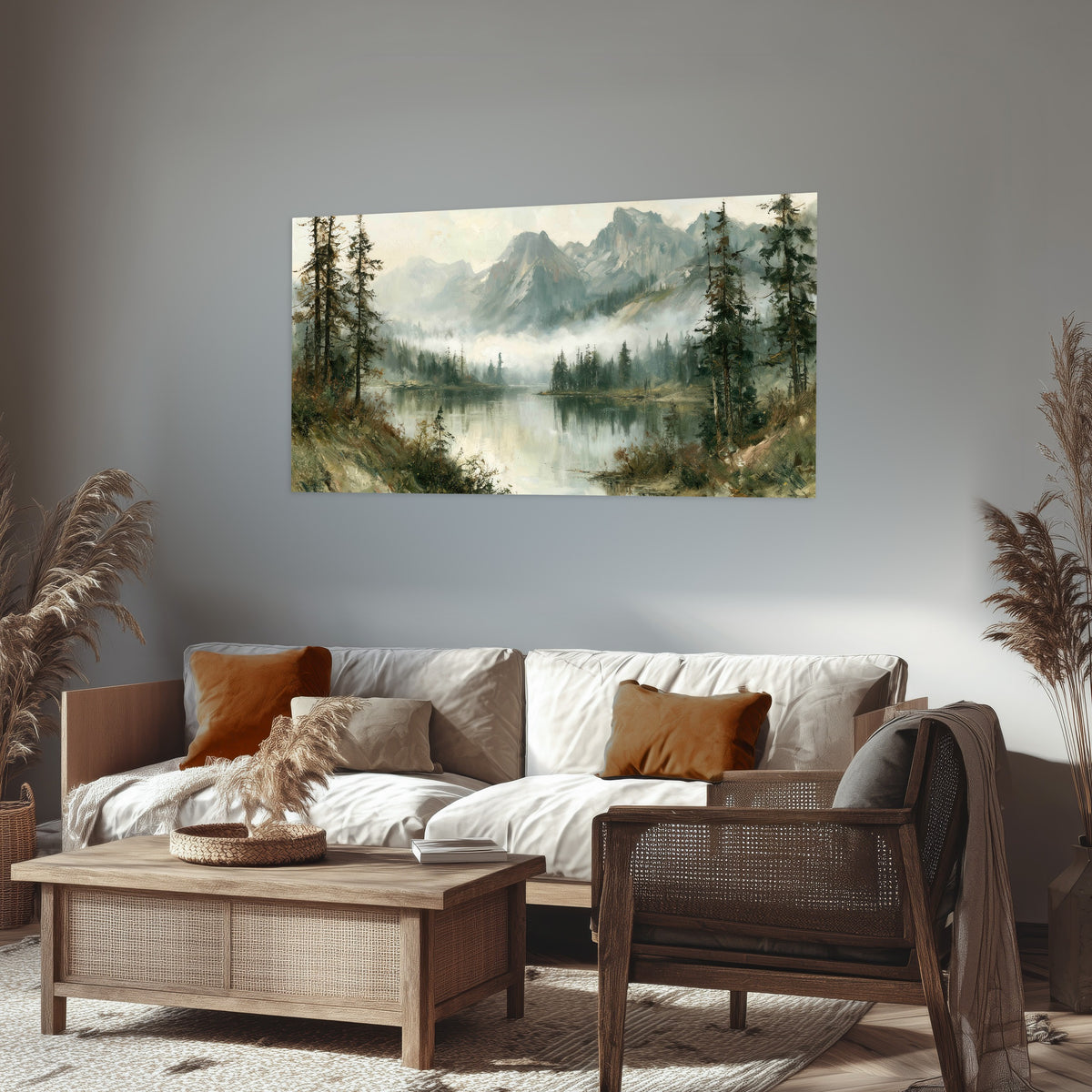 Misty alpine lake painting poster print in a rustic living room