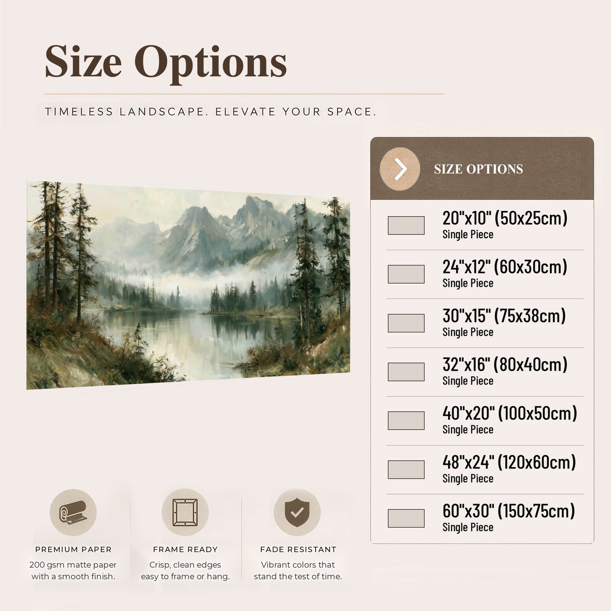 Misty alpine lake painting poster print size options