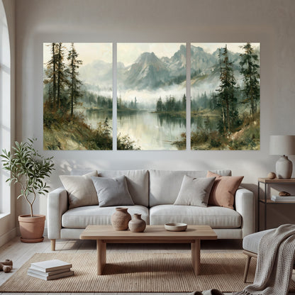 Misty alpine lake painting set of 3 poster prints in a bright living room