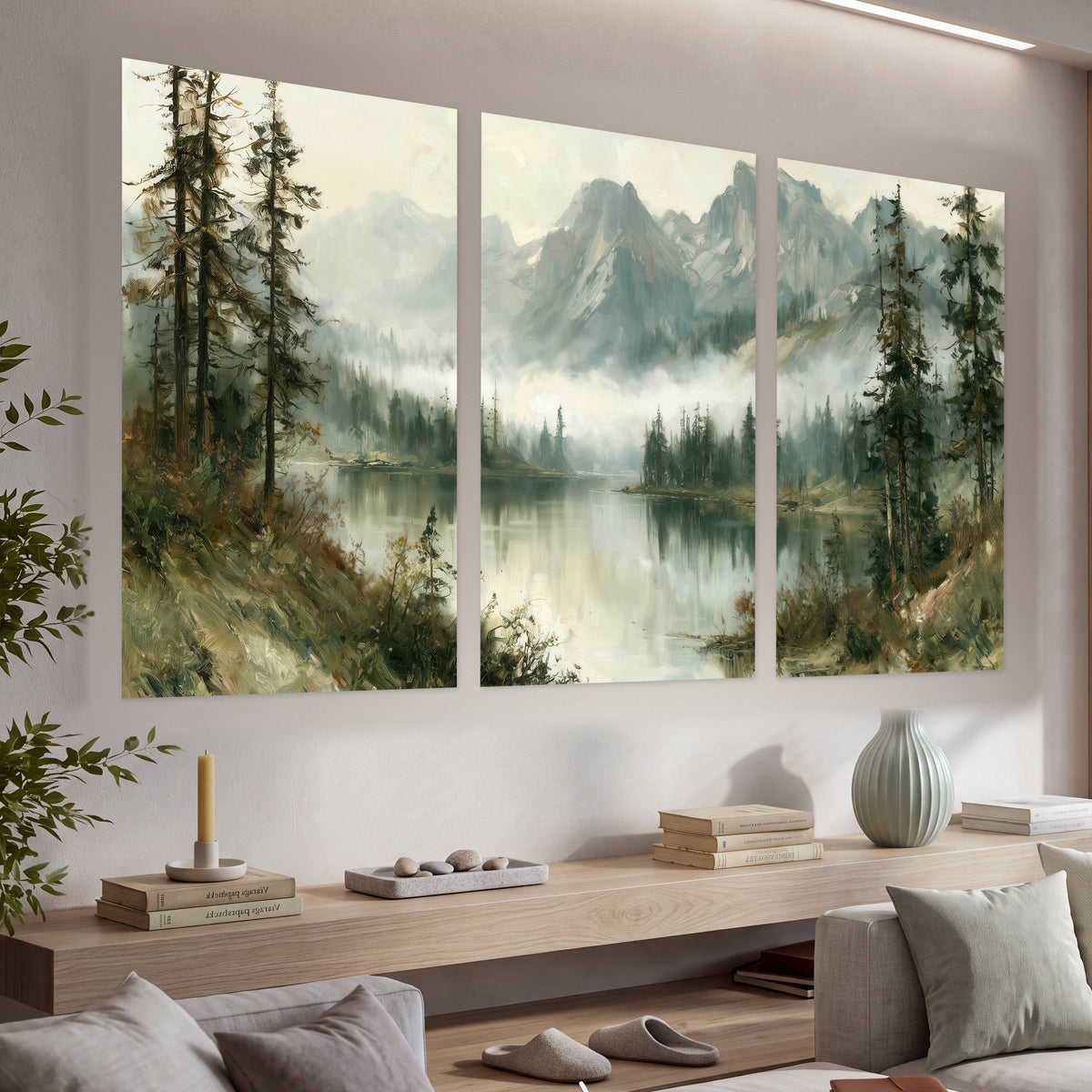 Misty alpine lake painting set of 3 poster prints in a living room above a console