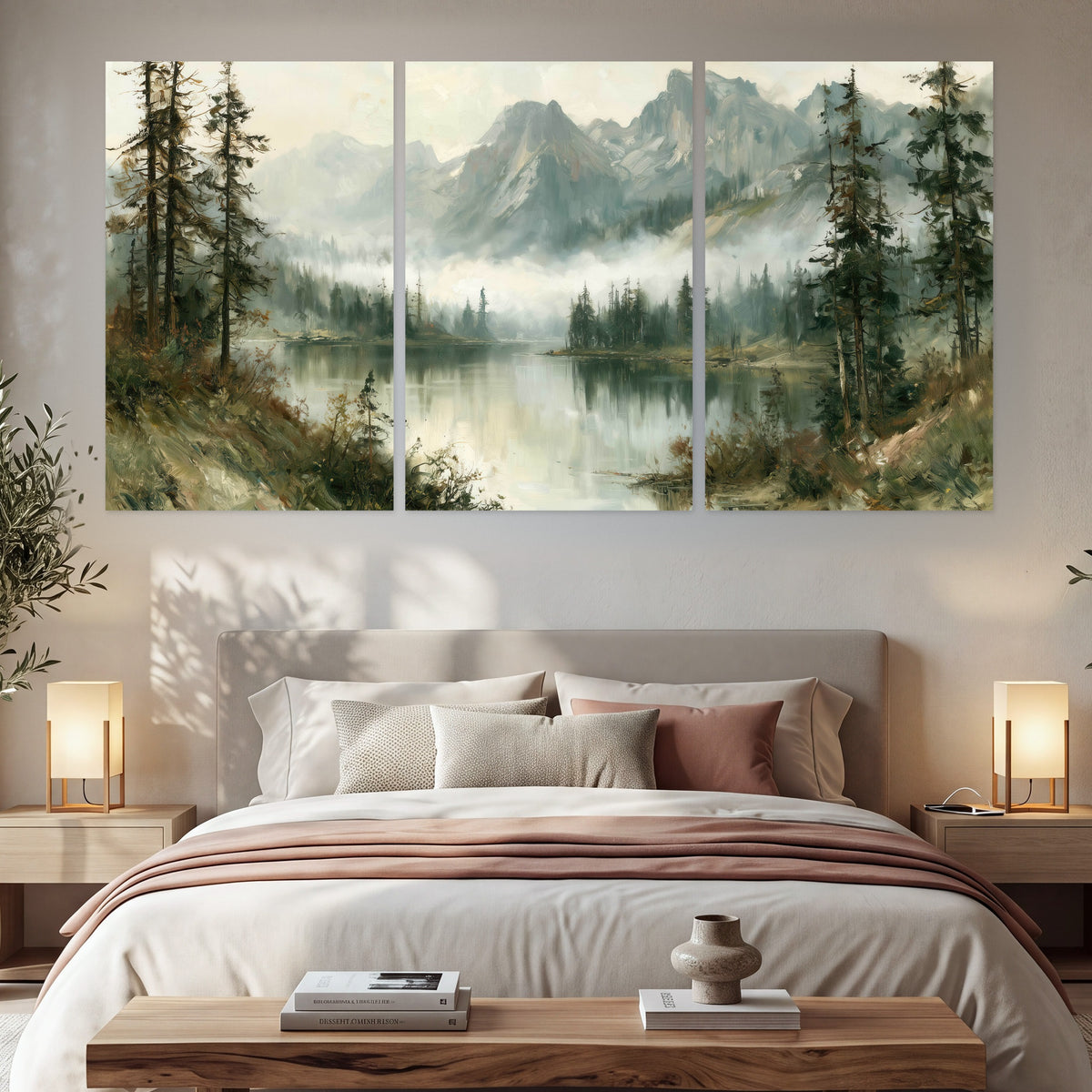 Misty alpine lake painting set of 3 poster prints in a bedroom above the bed