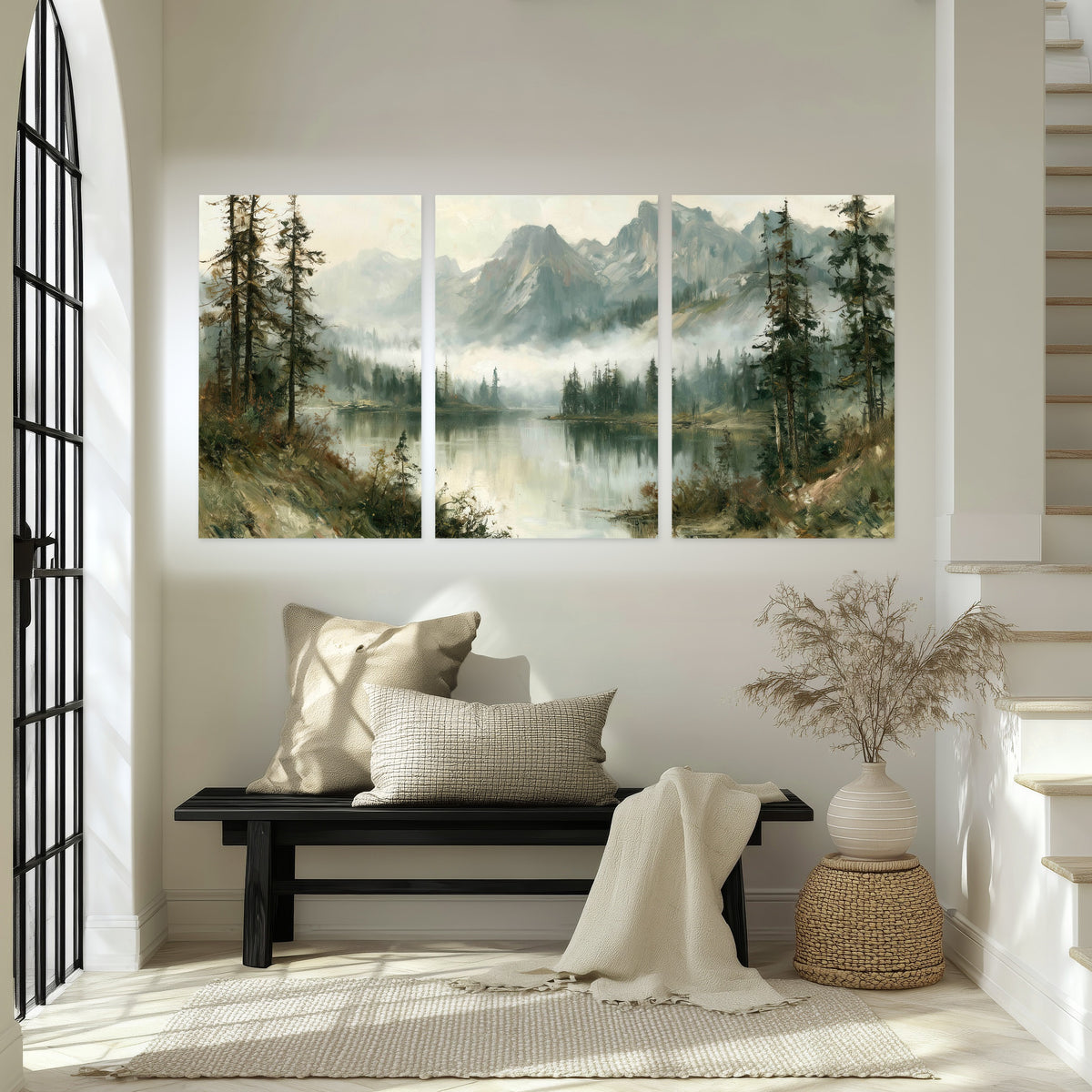 Misty alpine lake painting set of 3 poster prints in an entryway above a bench