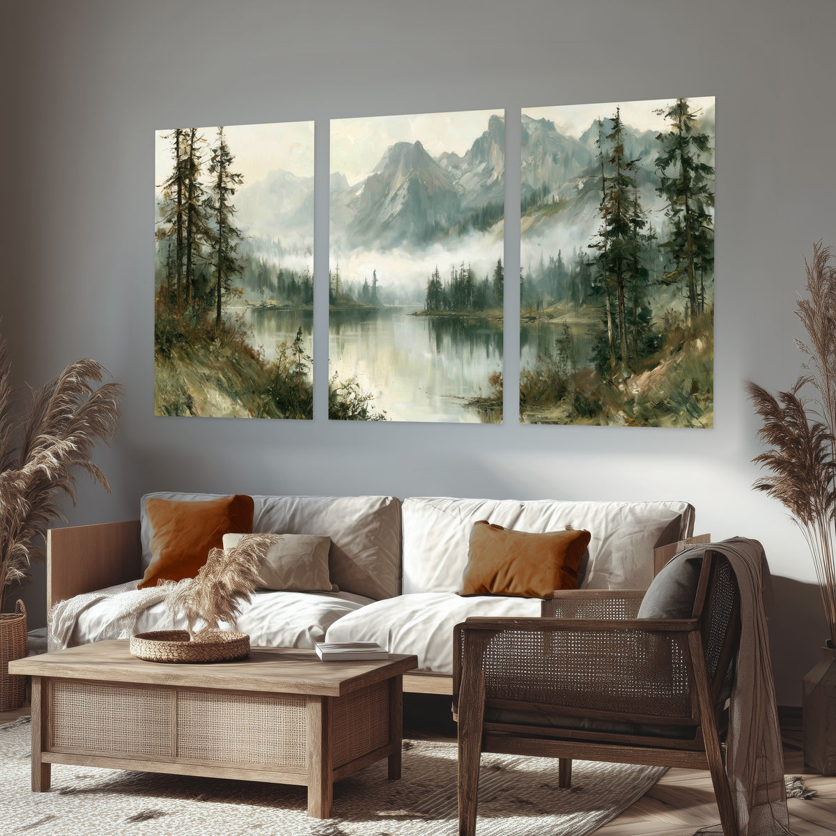 Misty alpine lake painting set of 3 poster prints in a rustic living room