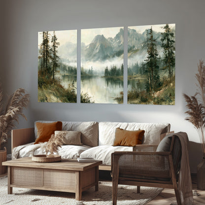 Misty alpine lake painting set of 3 poster prints in a rustic living room