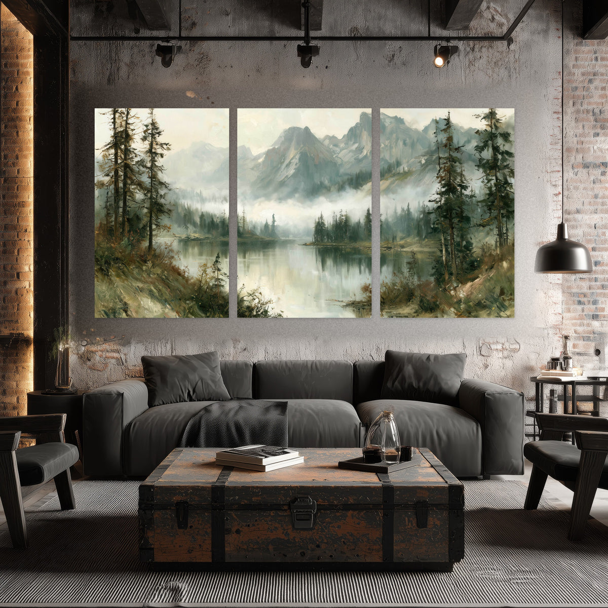 Misty alpine lake painting set of 3 poster prints in an industrial loft
