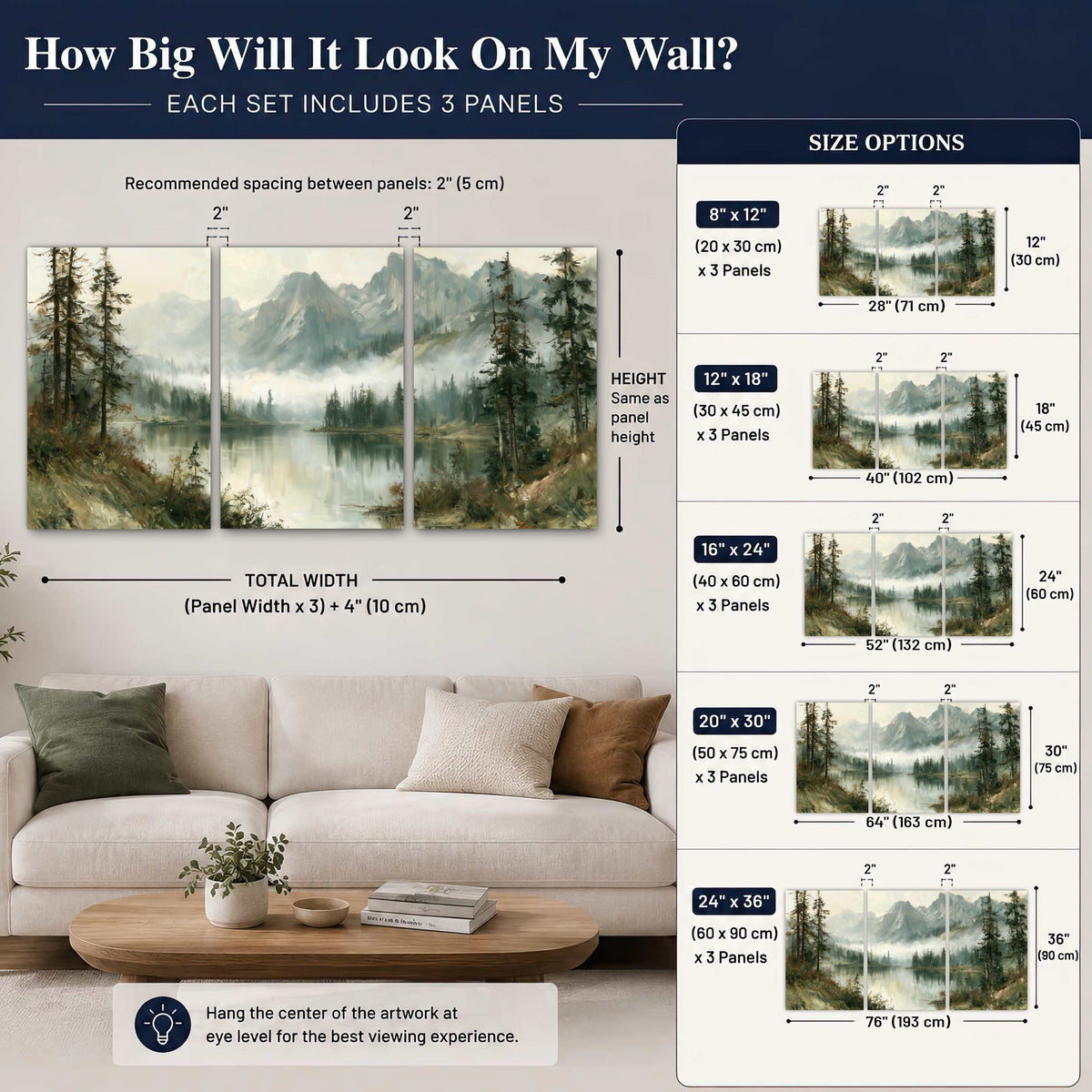 Misty alpine lake painting set of 3 poster prints size guide above a sofa