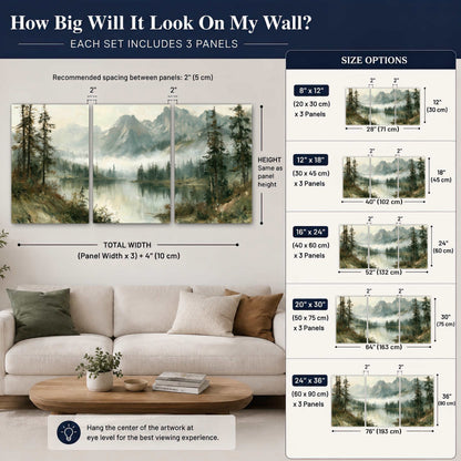 Misty alpine lake painting set of 3 poster prints size guide above a sofa