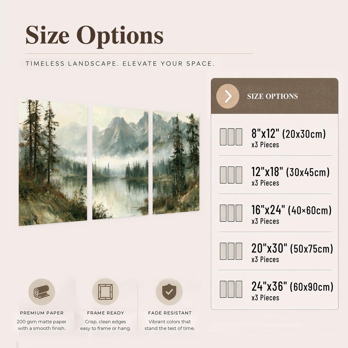 Misty alpine lake painting set of 3 poster prints size options