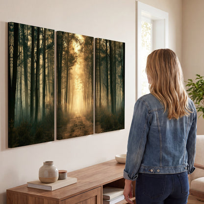 Golden forest path painting 3 piece canvas wall art in a living room