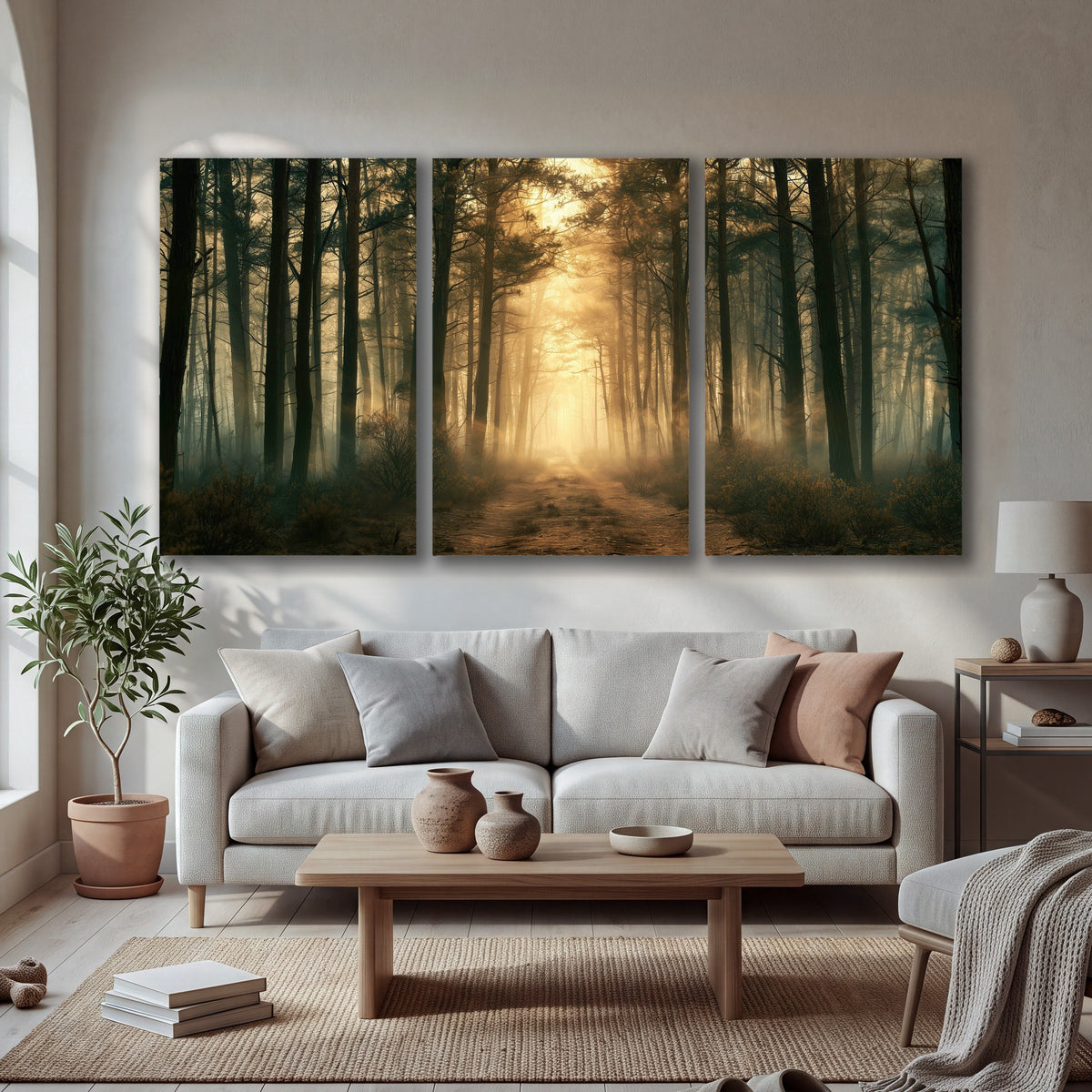 Golden forest path painting 3 piece canvas wall art in a bright living room