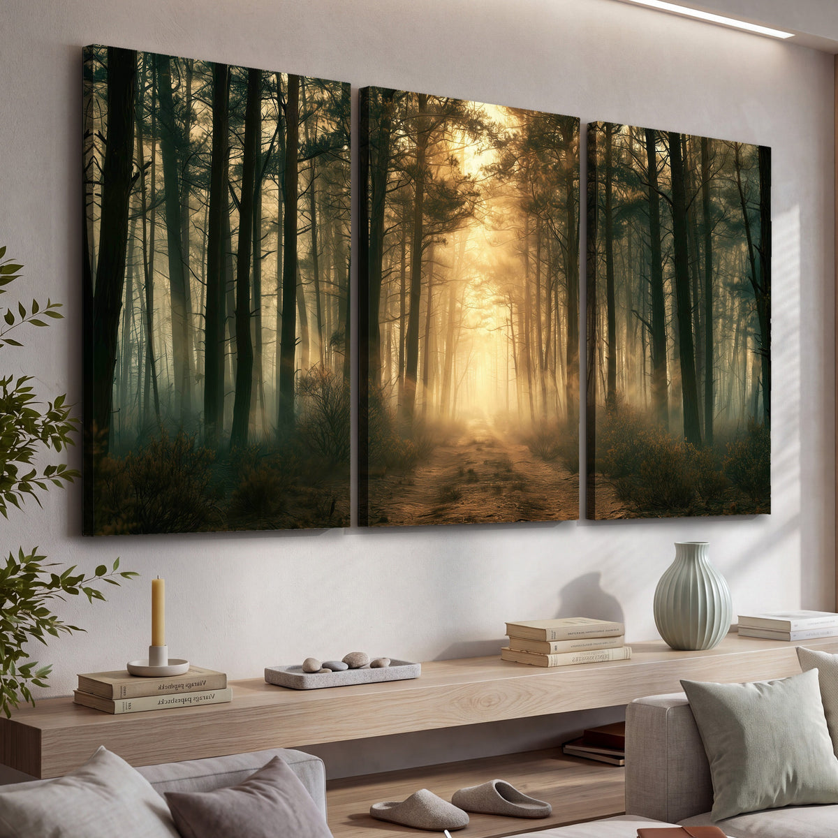 Golden forest path painting 3 piece canvas wall art in a living room above a console