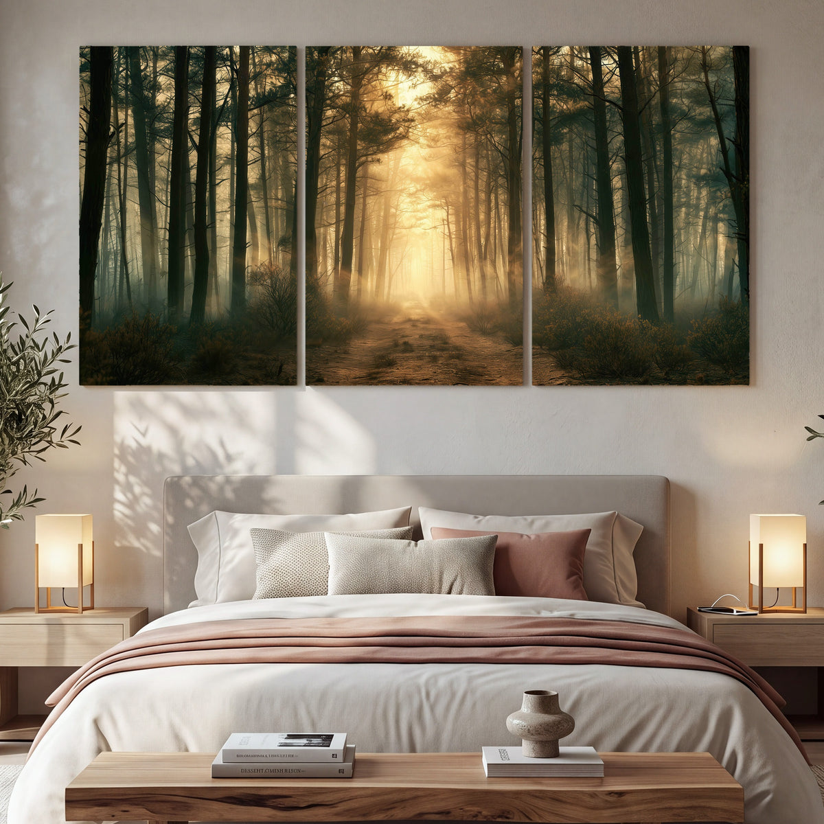 Golden forest path painting 3 piece canvas wall art in a bedroom above the bed