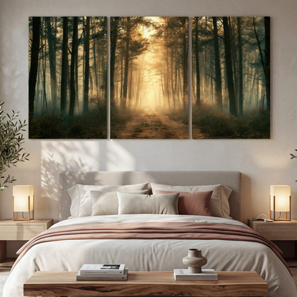 Golden forest path painting 3 piece canvas wall art in a bedroom above the bed