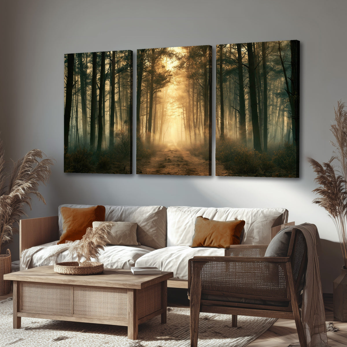 Golden forest path painting 3 piece canvas wall art in a rustic living room
