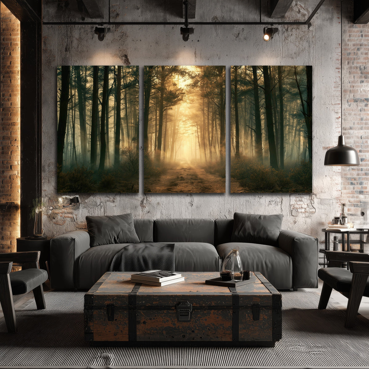 Golden forest path painting 3 piece canvas wall art in an industrial loft