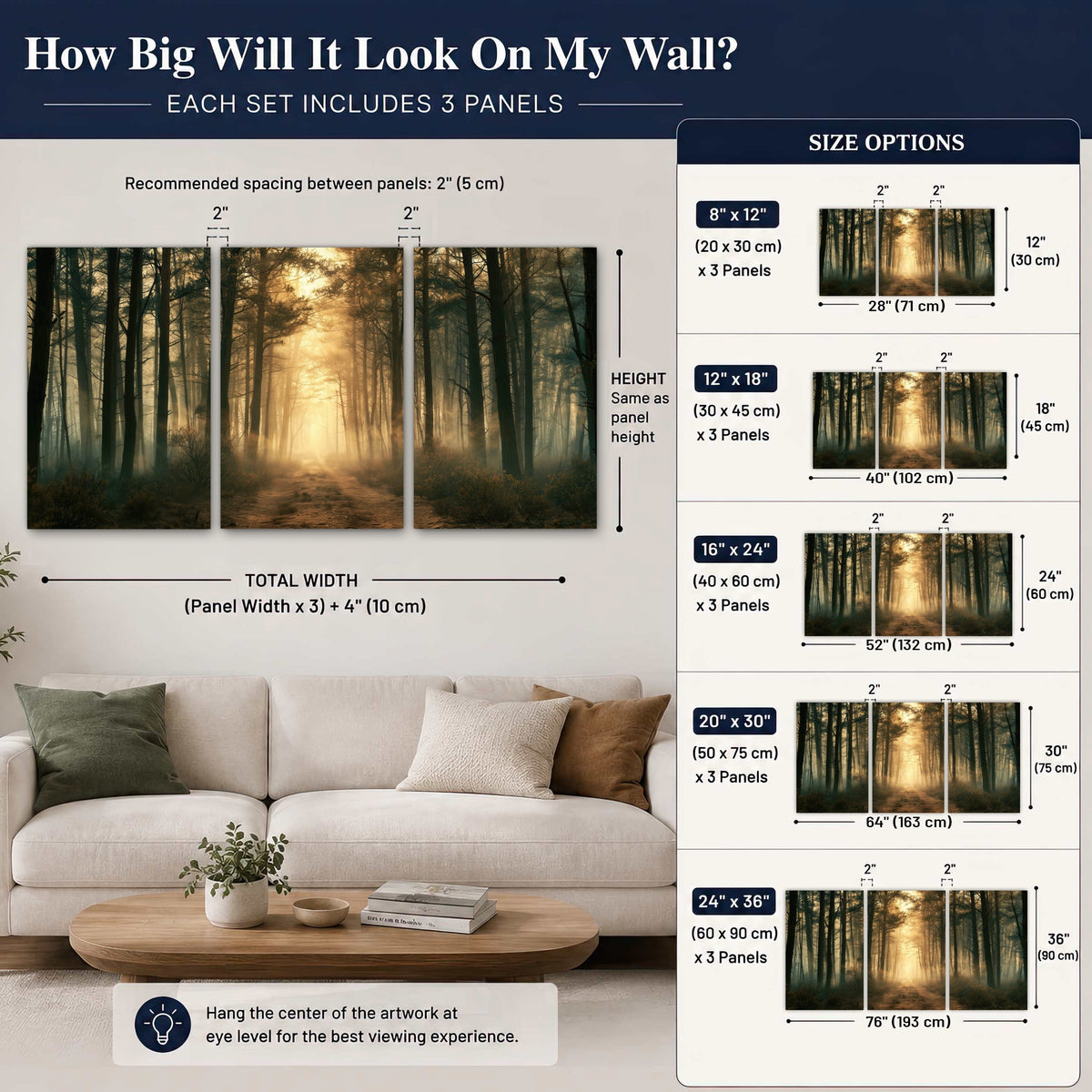 Golden forest path painting 3 piece canvas wall art size guide above a sofa