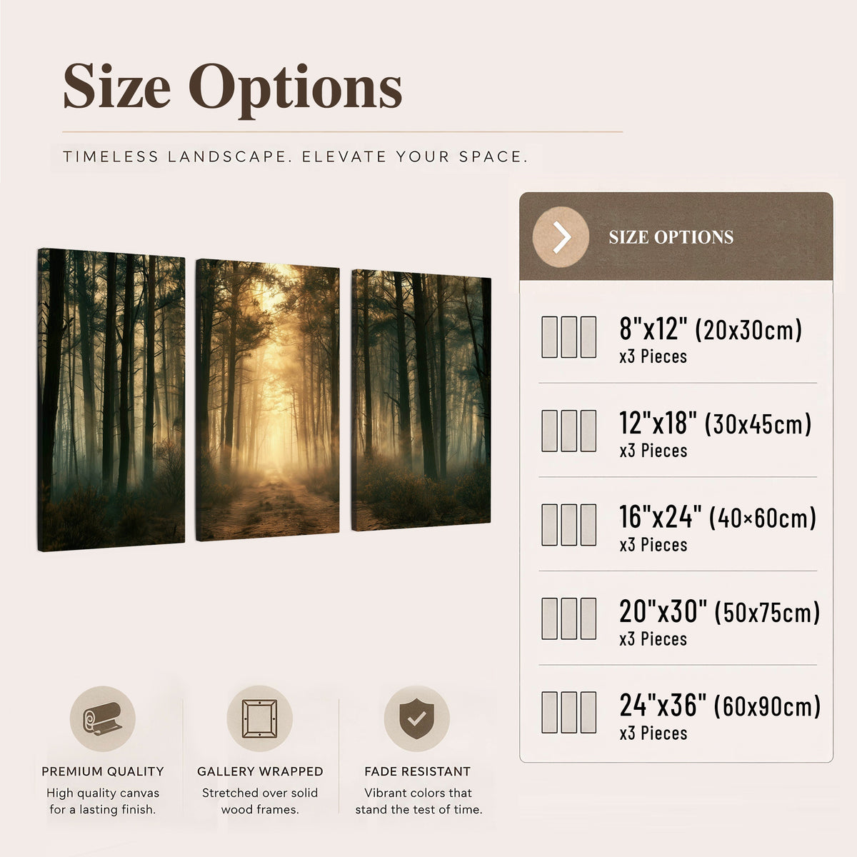 Golden forest path painting 3 piece canvas wall art size options