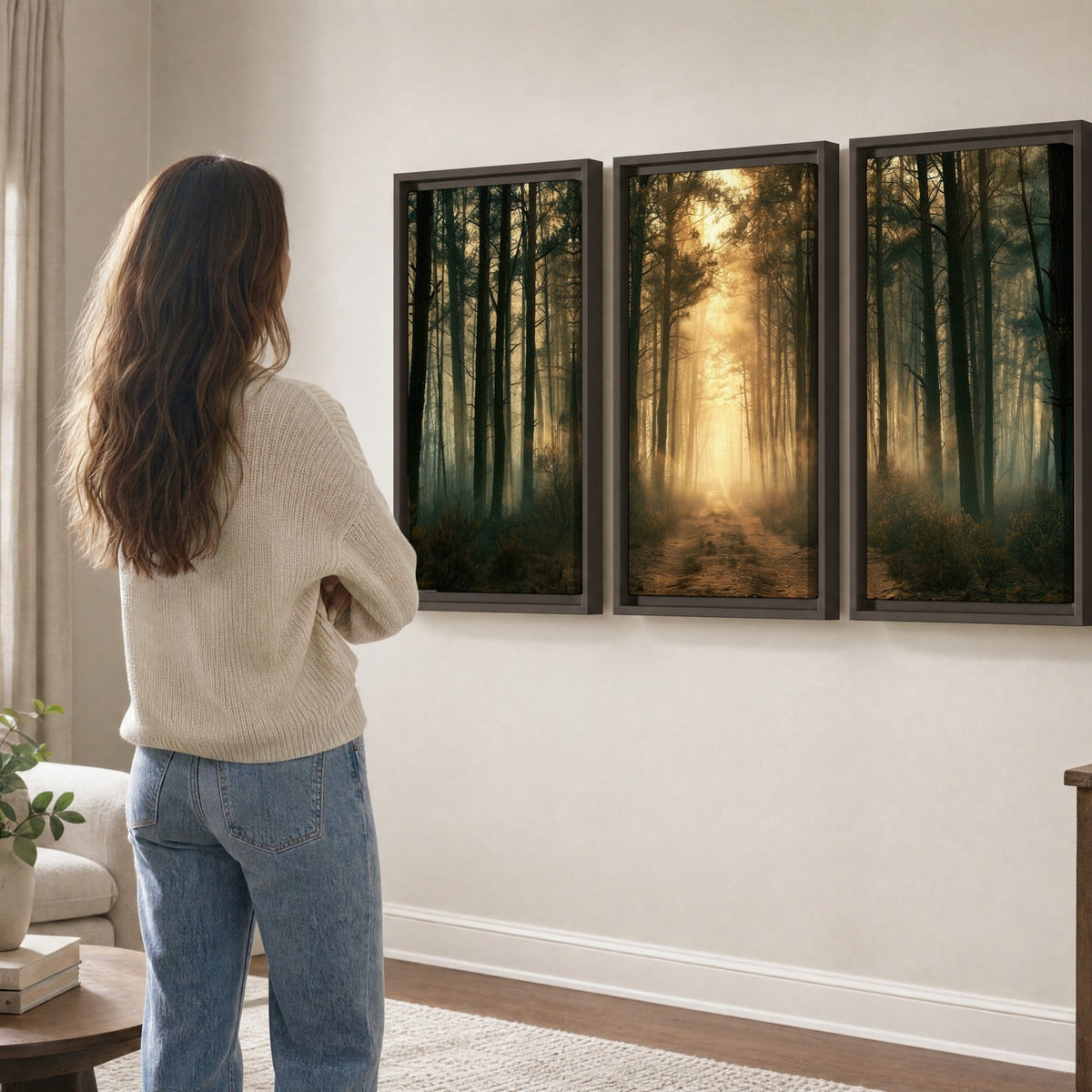 Golden forest path painting 3 piece framed canvas in a living room