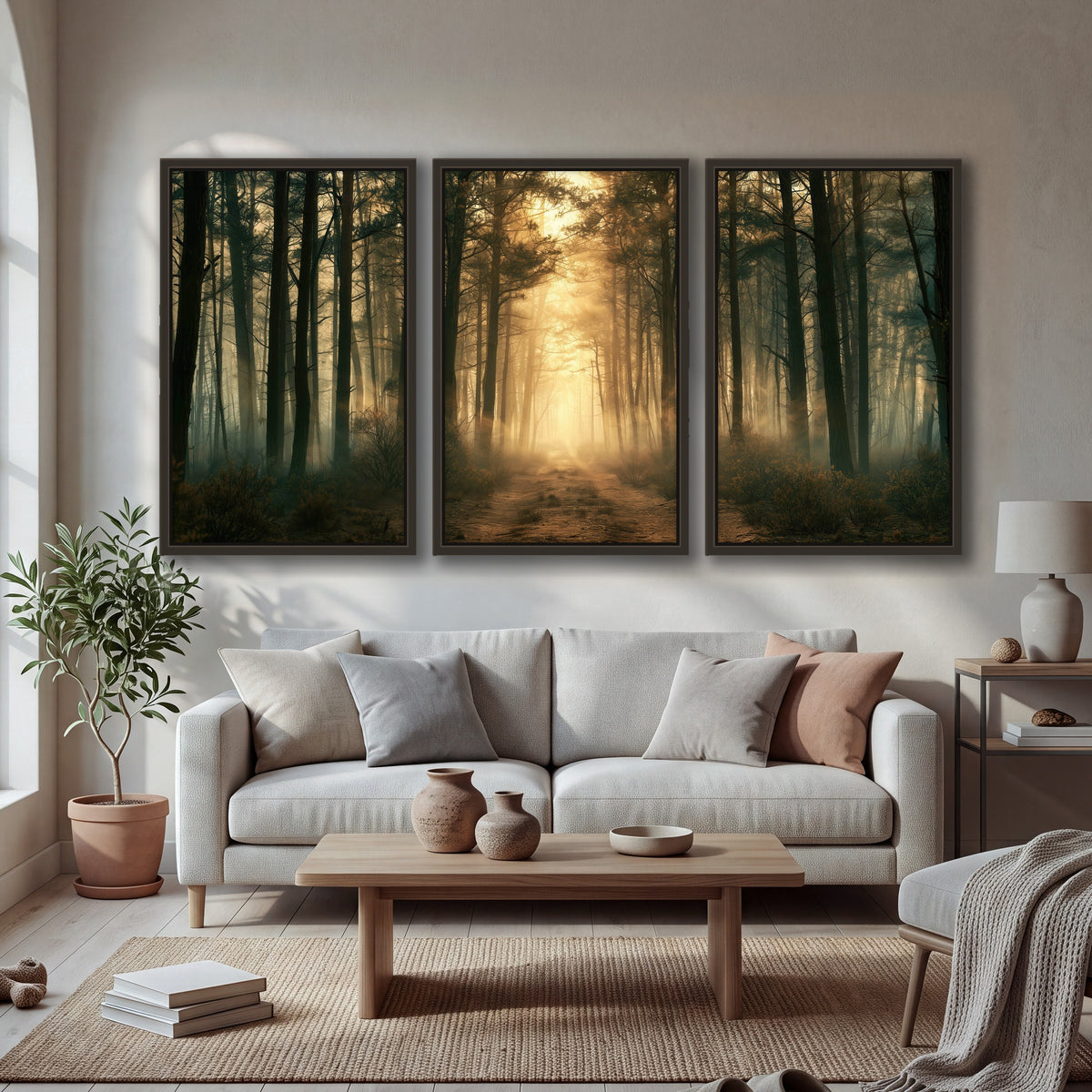 Golden forest path painting 3 piece framed canvas in a bright living room