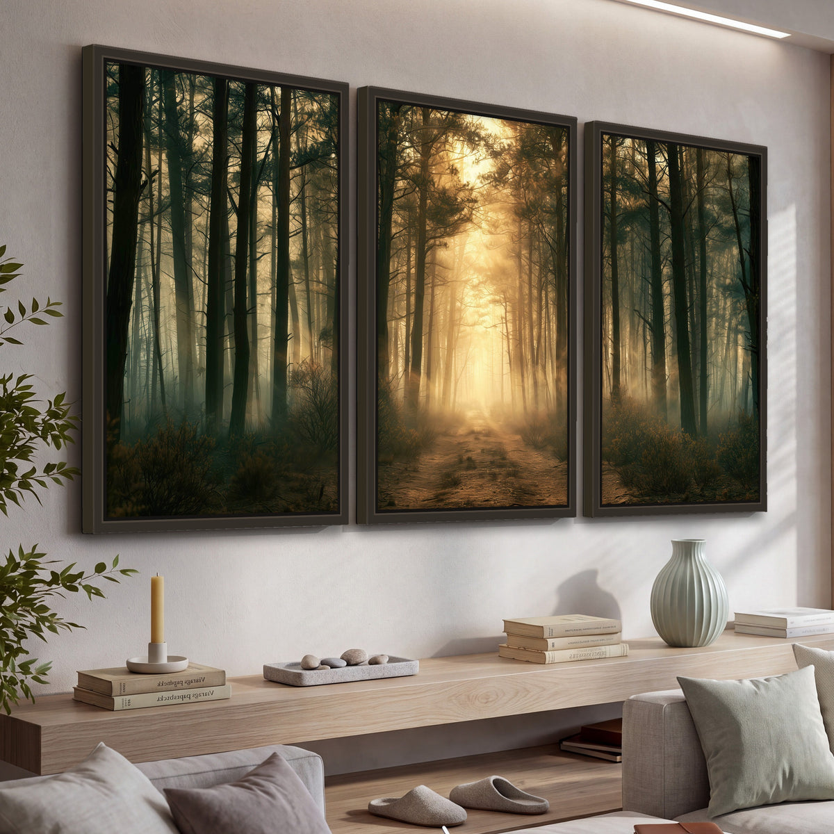 Golden forest path painting 3 piece framed canvas in a living room above a console