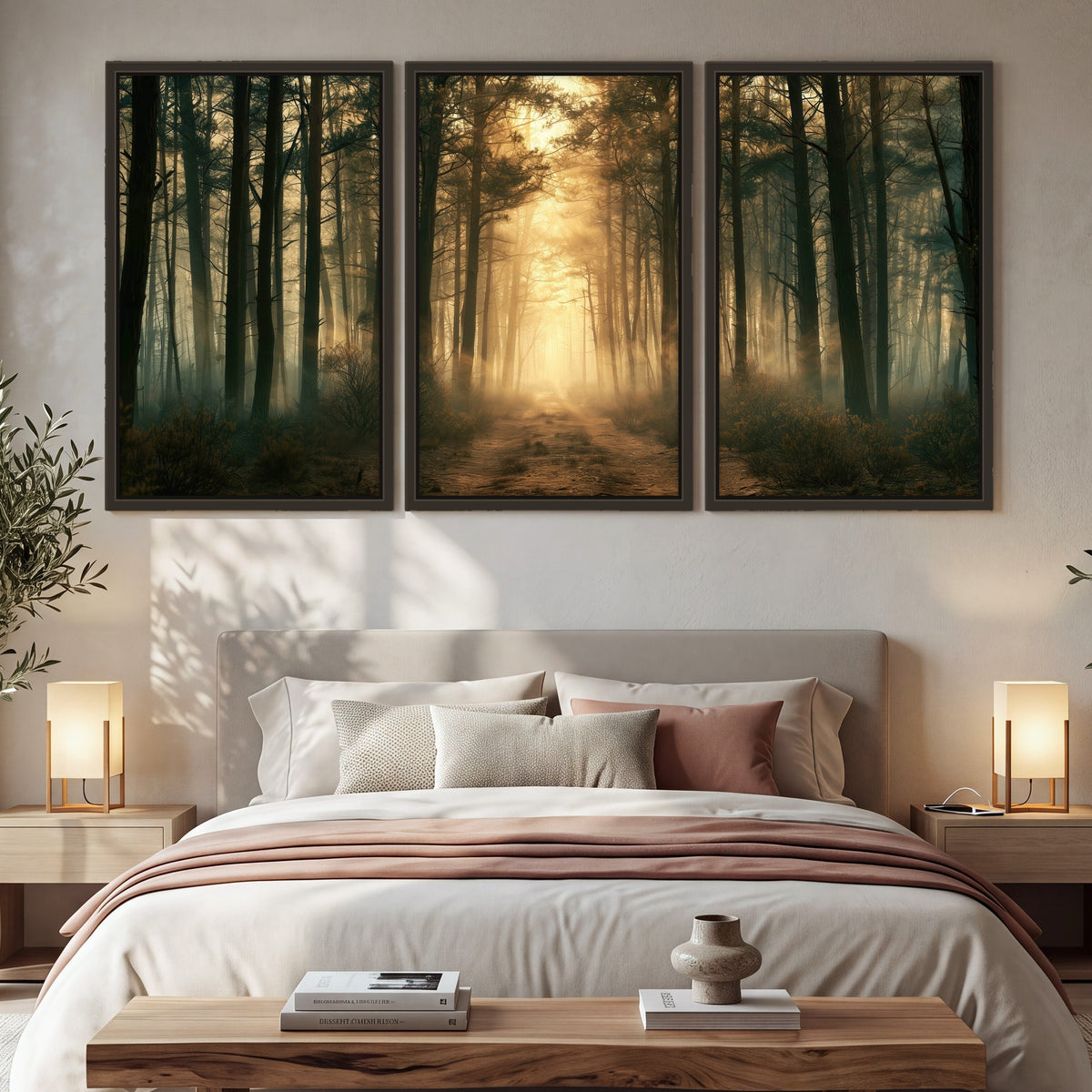 Golden forest path painting 3 piece framed canvas in a bedroom above the bed