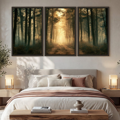 Golden forest path painting 3 piece framed canvas in a bedroom above the bed