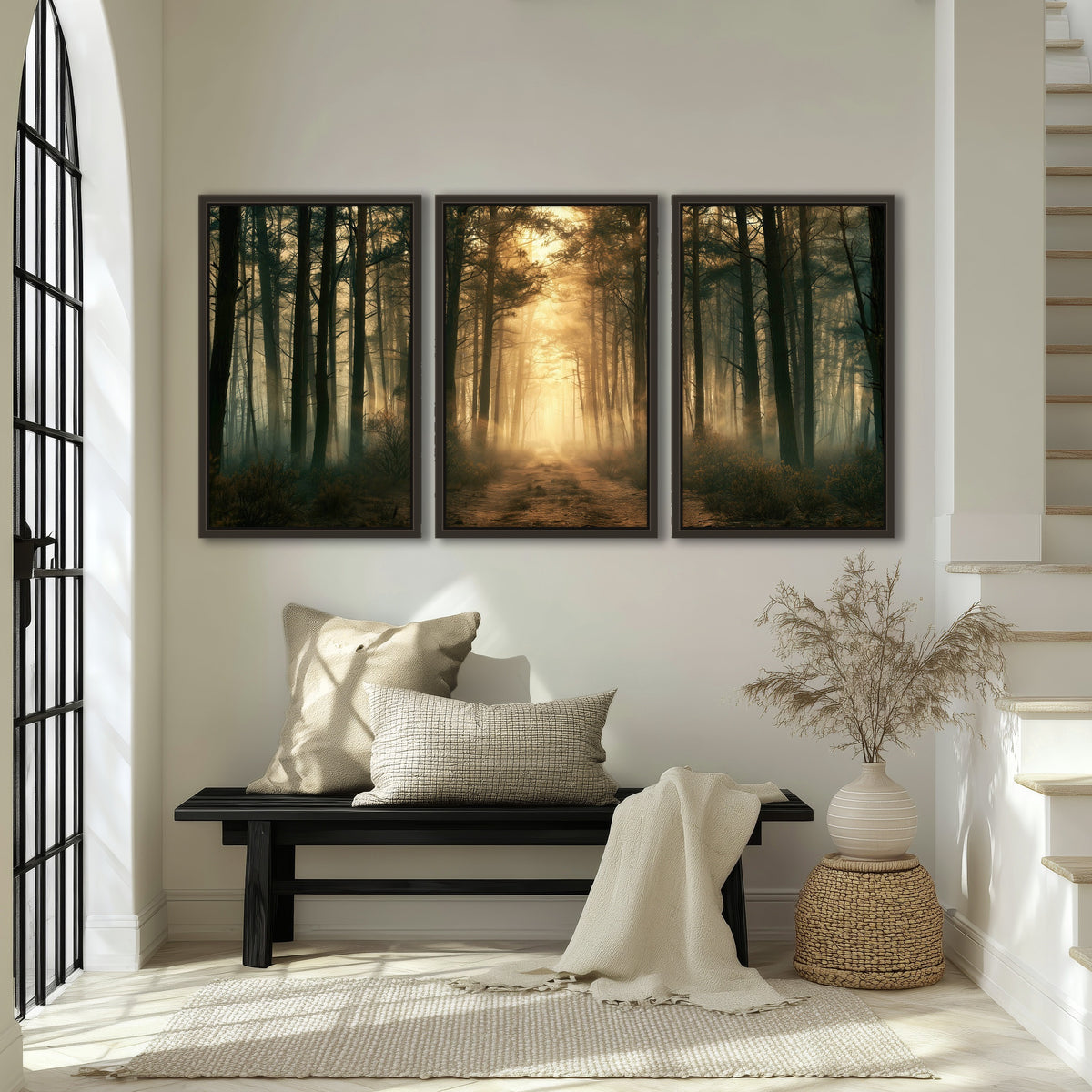 Golden forest path painting 3 piece framed canvas in an entryway above a bench