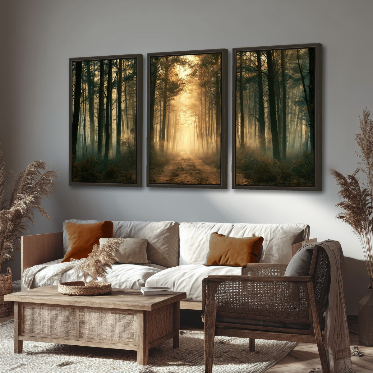 Golden forest path painting 3 piece framed canvas in a rustic living room