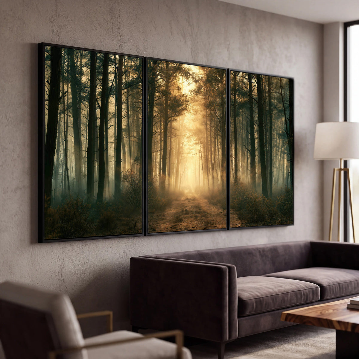 Golden forest path painting 3 piece framed canvas in a modern living room