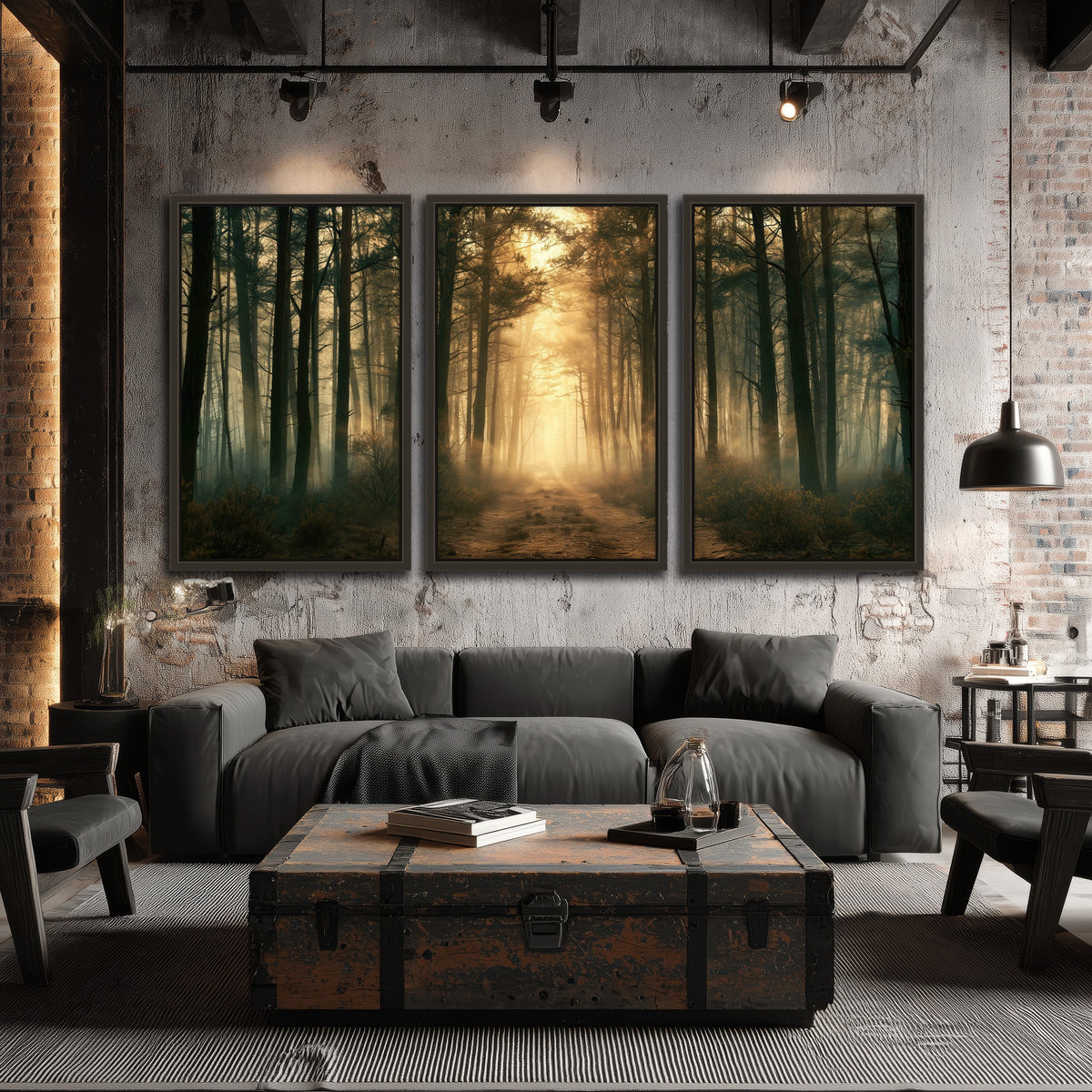 Golden forest path painting 3 piece framed canvas in an industrial loft