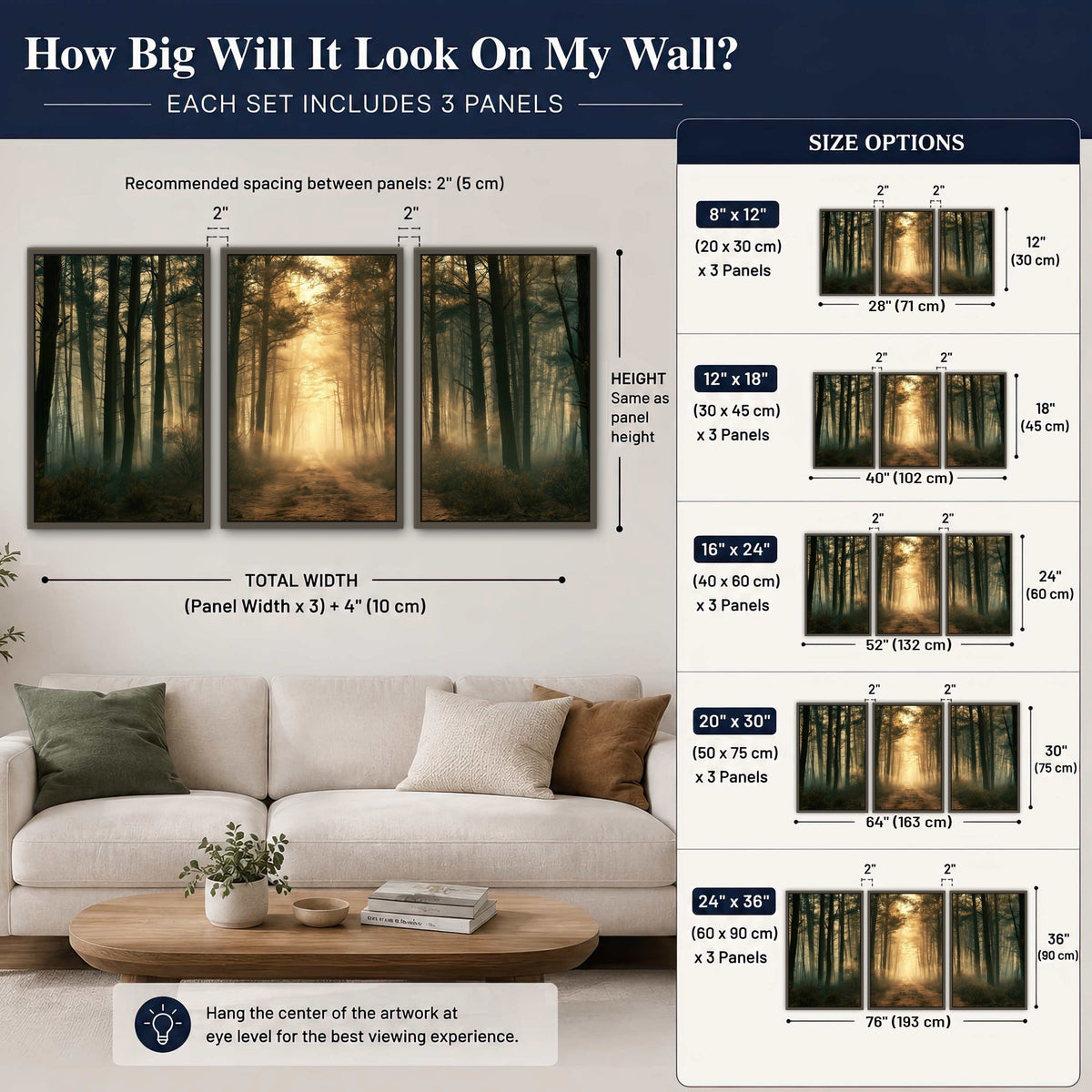 Golden forest path painting 3 piece framed canvas size guide above a sofa
