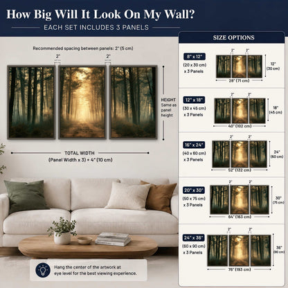 Golden forest path painting 3 piece framed canvas size guide above a sofa