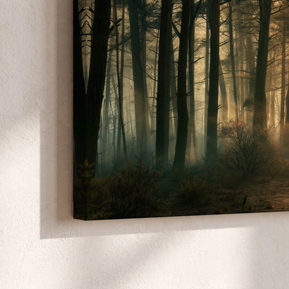 Golden forest path painting canvas print close-up showing the gallery-wrapped edge