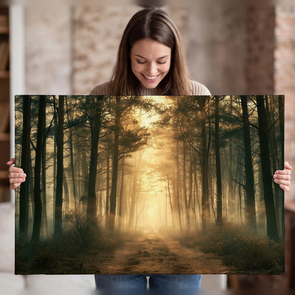 Golden forest path painting canvas wall art held in hands