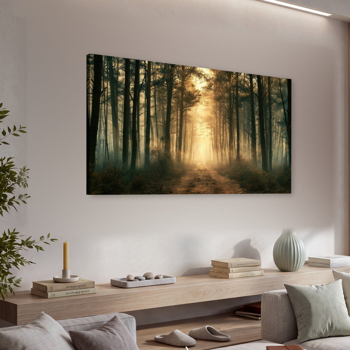 Golden forest path painting canvas wall art in a living room above a console