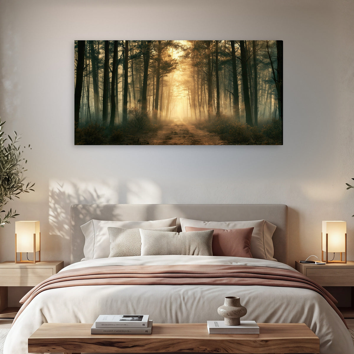 Golden forest path painting canvas wall art in a bedroom above the bed