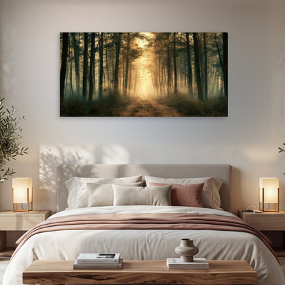 Golden forest path painting canvas wall art in a bedroom above the bed