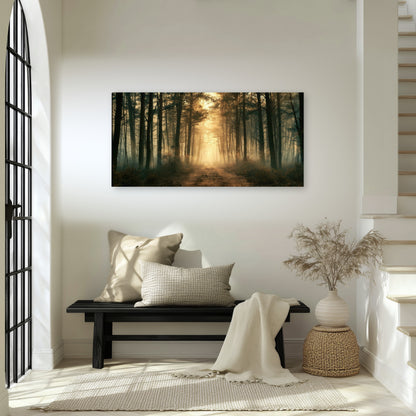Golden forest path painting canvas wall art in an entryway above a bench