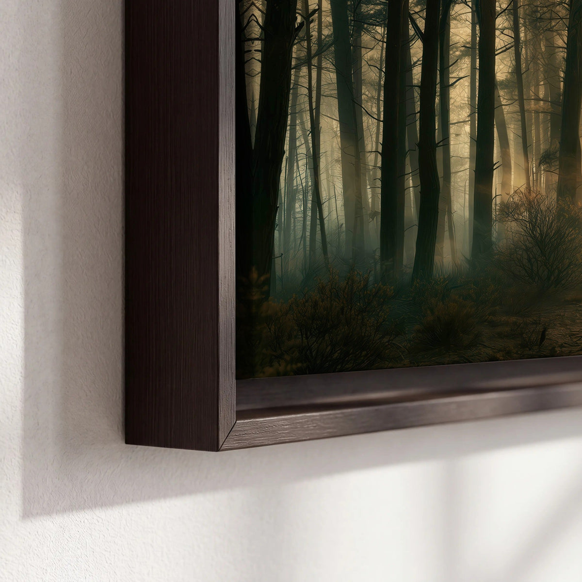 Golden forest path painting framed canvas close-up showing the floating frame