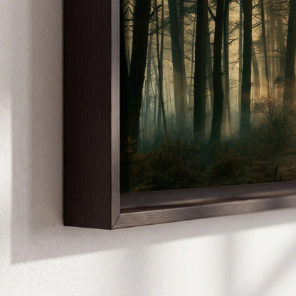 Golden forest path painting framed canvas close-up showing the floating frame