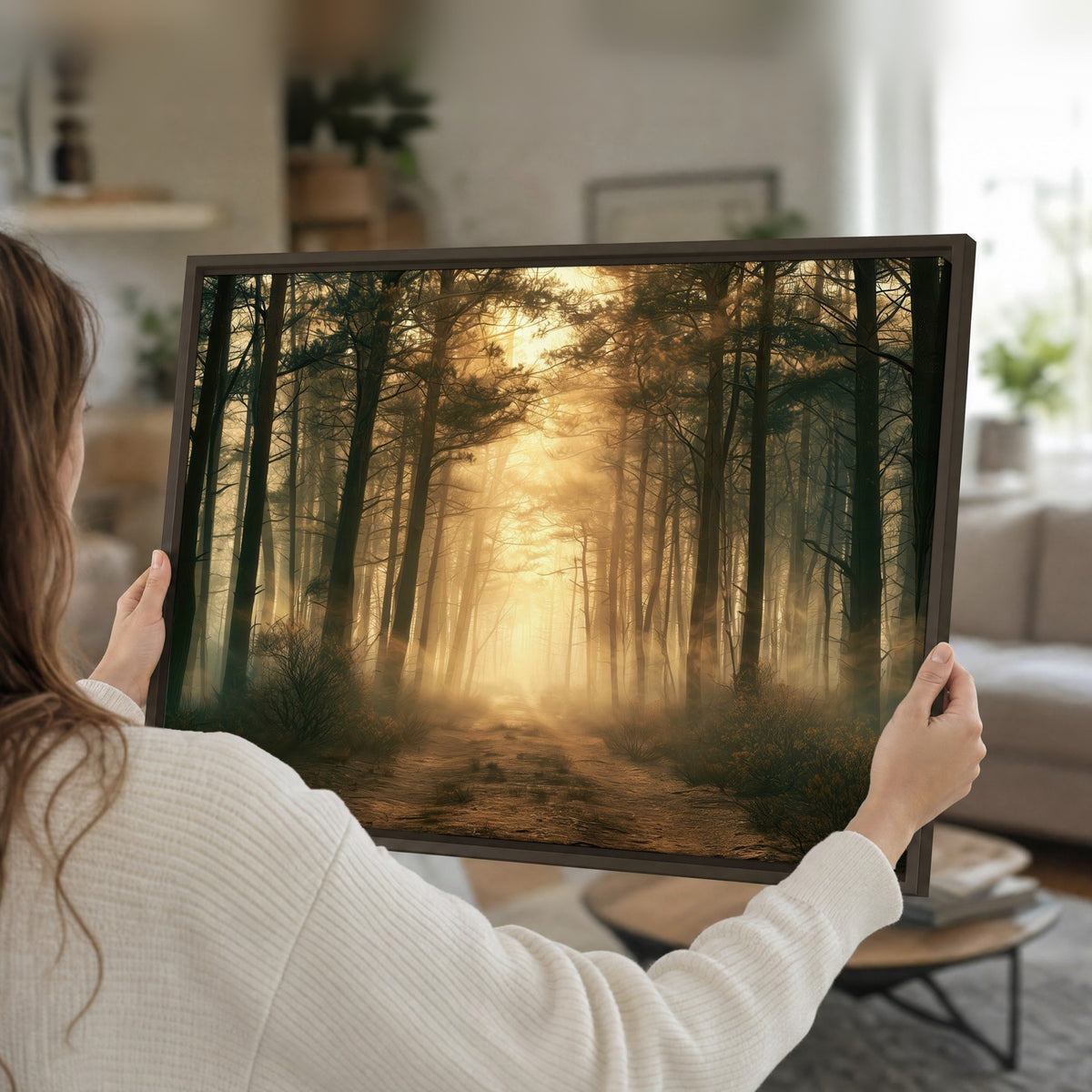Golden forest path painting framed canvas held in hands
