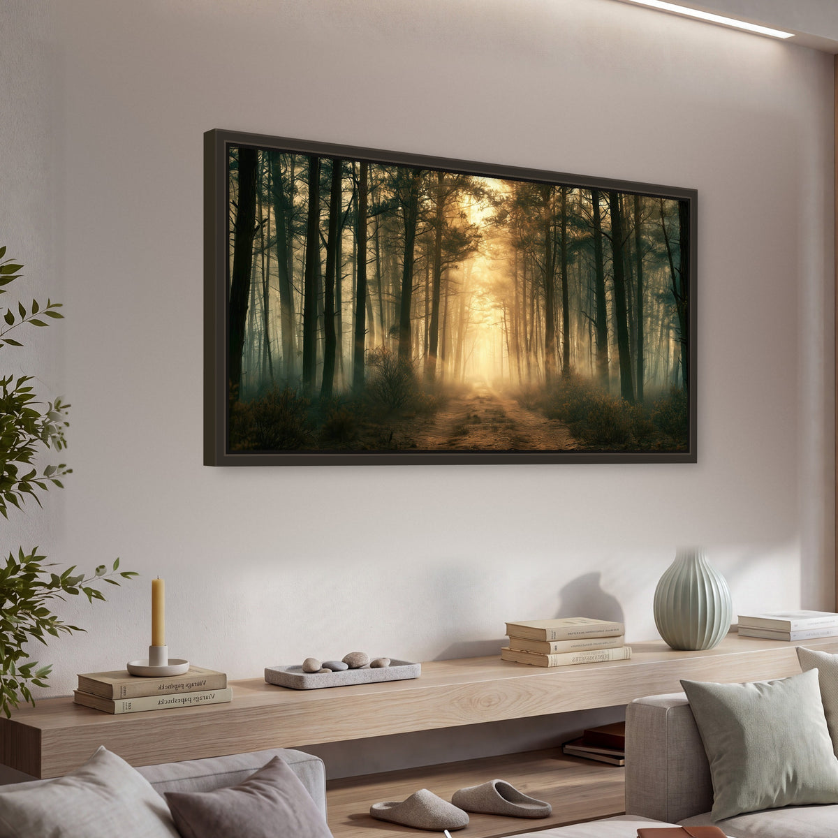 Golden forest path painting framed canvas wall art in a living room above a console
