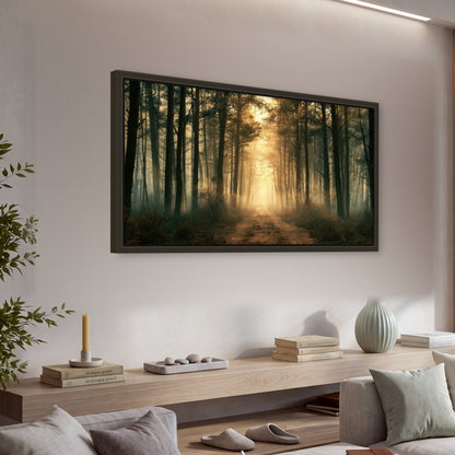 Golden forest path painting framed canvas wall art in a living room above a console