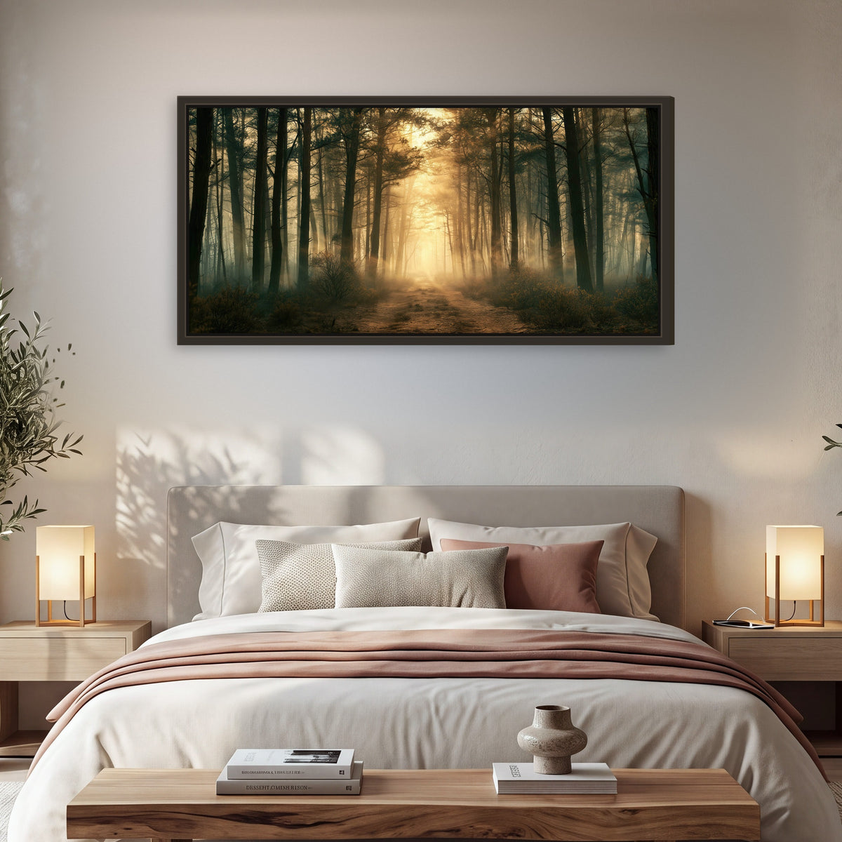 Golden forest path painting framed canvas wall art in a bedroom above the bed