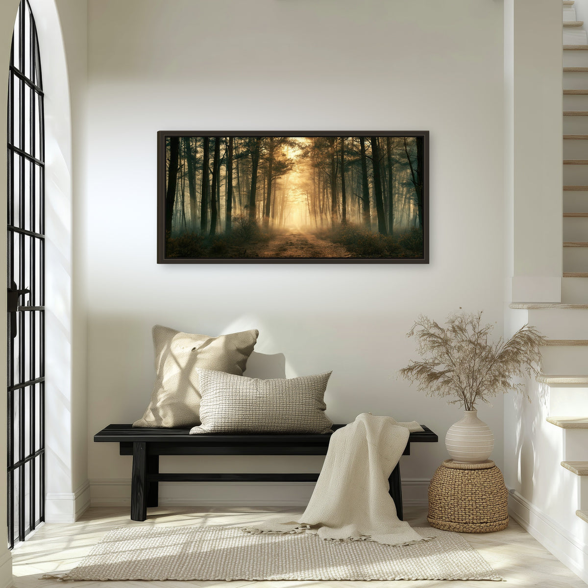 Golden forest path painting framed canvas wall art in an entryway above a bench
