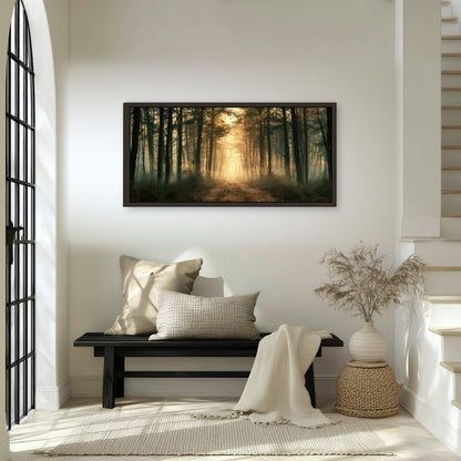 Golden forest path painting framed canvas wall art in an entryway above a bench